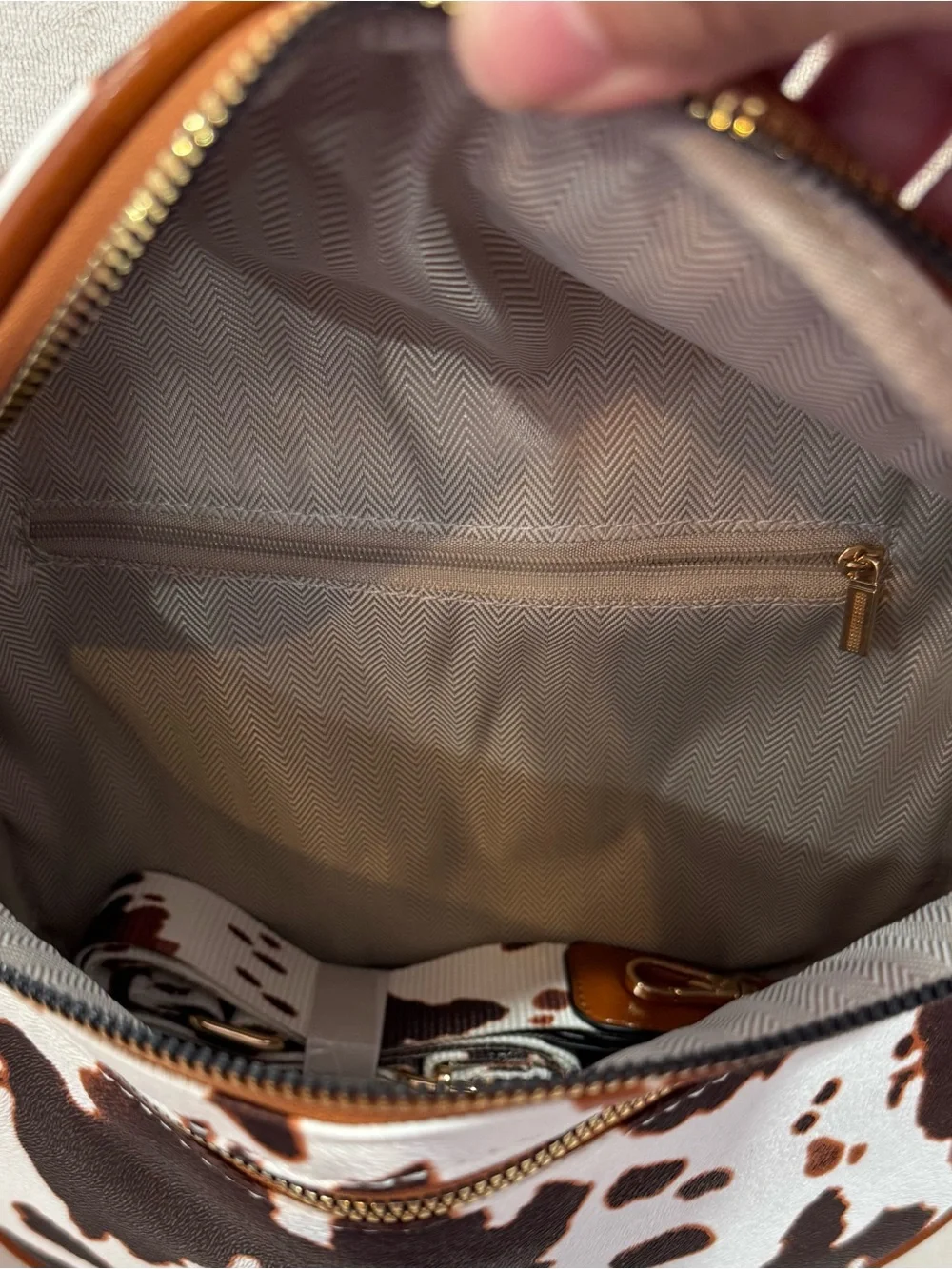 New Cowhide-Print Brown and White Crossbody Bag with Gold Hardware